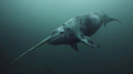 A narwhal with a lengthy hornlike tooth is diving underwater in the ocean