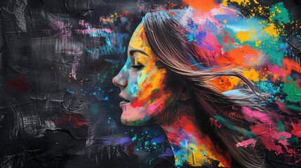 Colorful Chalk Art: Side-On Portrait of a Woman's Head on Black Background