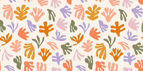 Seamless pattern with hand-drawn abstract leaves, colorful doodle  nature shapes in vintage pastel colors.