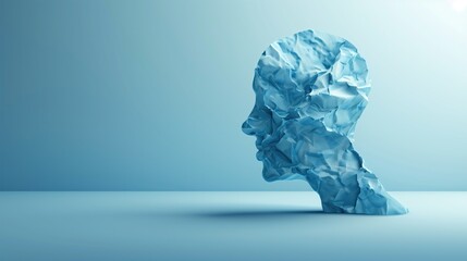 Silhouette of Human Head in Paper Art, Idea Concept, Blue Background, Space For Copy Text