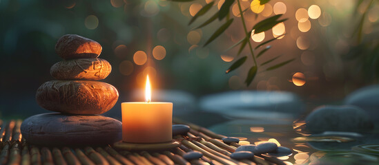candle and a stack of stones on a bamboo table creating a serene and peaceful atmosphere - Powered by Adobe