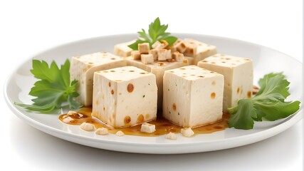  A photorealistic image of tofu served in a plate, isolated on a white background. The focus should be on capturing the texture, details, and presentation of the tofu in a realistic manner, highlighti