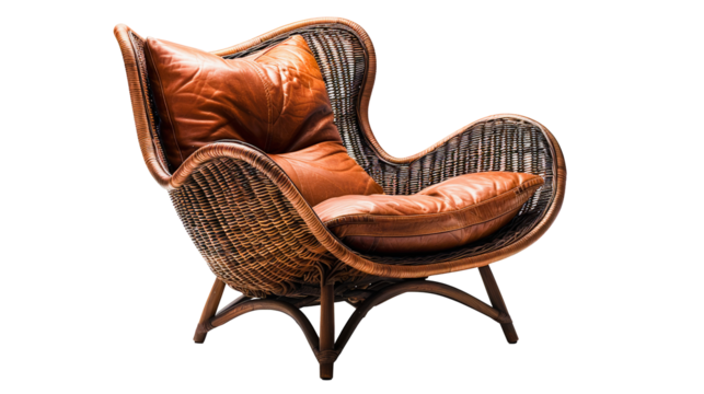 A stylish wicker armchair with plush leather cushions against a stark white background, blending rustic charm with modern comfort.