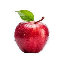 Perfect red apple with a single leaf and dews on an isolated background