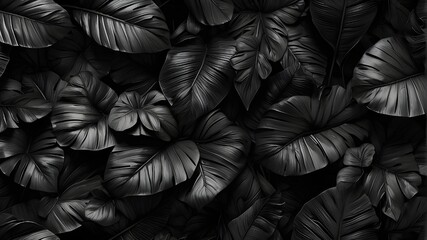A photorealistic image showcasing textures of abstract black leaves arranged in a tropical leaf background. The composition features a flat lay perspective, highlighting the intricate details and patt