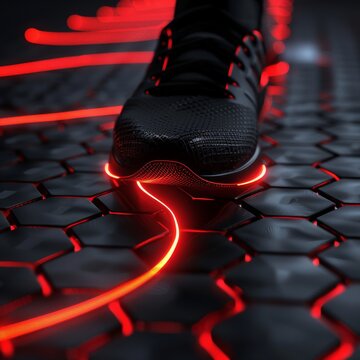 A closeup of a black sneaker with red led lights on the bottom.