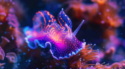 Gartenposter Electric blue sea slug is gliding through the underwater coral reef © gn8
