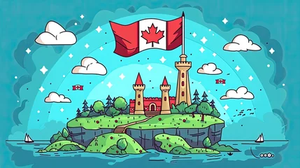 Poster A whimsical illustration of a fairy-tale-like Canadian landscape featuring a castle and the national flag © StasySin