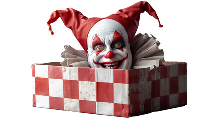 A classic jack-in-the-box with a red and white jester popping out. Isolated on transparent...