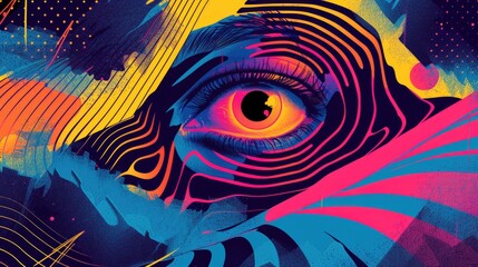 A vibrant and abstract illustration featuring an eye