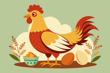 Chicken with eggs vintage illustration vector set