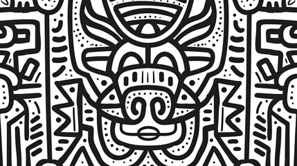 A black and white tribal mask pattern