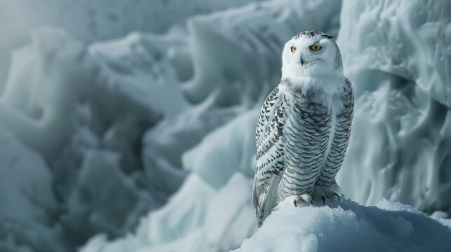 Snowy owl perched on snowy hill, majestic bird of prey in freezing temperatures