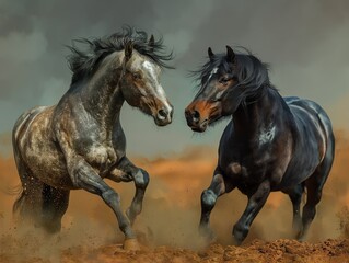 Two horses are running in the dirt, one is brown and the other is gray. Scene is energetic and wild