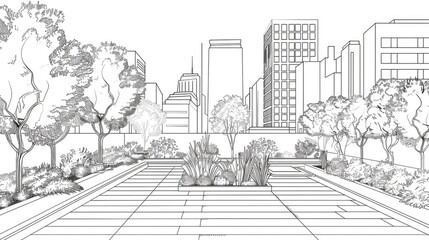 A line-drawn urban park scene with skyscrapers in the background