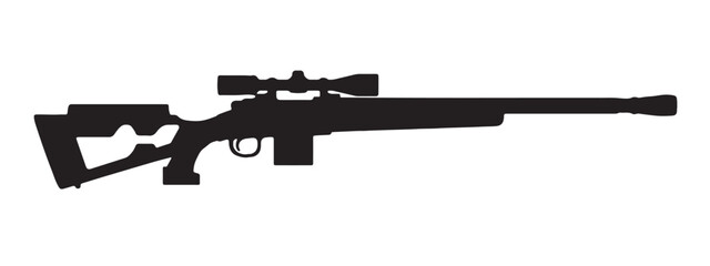 Black sniper rifle silhouette vector illustration on white background. Sniper icon. Sniper silhouette. - obrazy, fototapety, plakaty