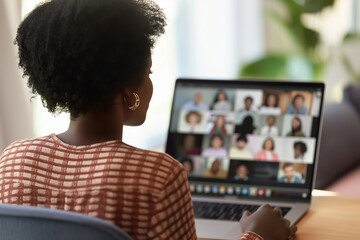 a black woman doing video meeting on a laptop, zoom meeting closeup, video conference, business meeting, successful business conference meeting, virtual meeting, skype meeting, meeting