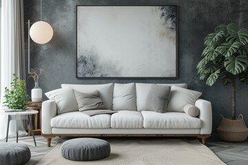 Sophisticated Living Room in Monochrome Grey with Plush Sofa and Modern Art