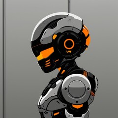 A digital painting of a robot with a white and orange color scheme. The robot is wearing a helmet and has a visor over its eyes. It is standing in a futuristic setting.