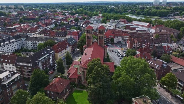 Aerial drone view of St. Antonius church in M&uuml;nster , Germany . 