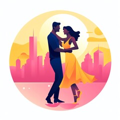 Minimalist UI illustration of Dancing in a flat illustration style on a white background with bright Color scheme, dribbble, flat vector, golden hour lighting