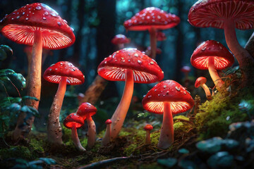Generative AI, Beautiful and awesome neon colorful mushrooms, Magical views of neon colorful mushrooms, Beautiful view of neon colorful mushrooms in the thickets of forest bushes, small neon mushrooms