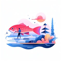 Minimalist UI illustration of Fishing in a flat illustration style on a white background with bright Color scheme, dribbble, flat vector, stock photographic style