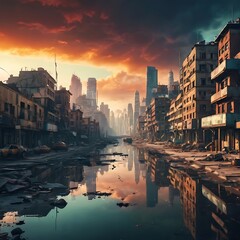 Naklejka premium post apocalyptic city landscape, ruins