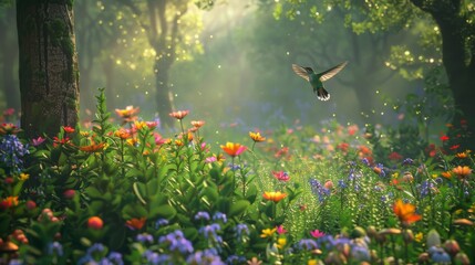 Naklejka premium Hummingbird hovers above flowers in forest, part of natural landscape