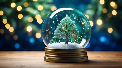 Fototapeta na wymiar Christmastime empty glass Snow globe with green tree branches encircling it, standing in front of a blue-gold bokeh-colored blurred light background. Authentic three-dimensional design Magical snowbal