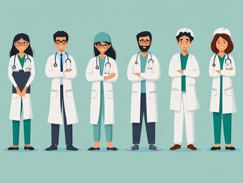 Illustrazione  piatta di un gruppo multiculturale di medici  con sorrisi amichevoli su sfondo azzurro