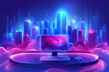 A glowing blue and purple city with a computer in the center.