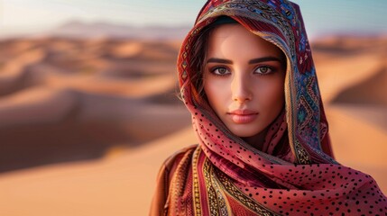 Portrait of a beautiful Muslim woman with beautiful eyes with hijab in the desert during the day in high resolution and high quality. culture concept, woman