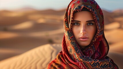 Portrait of a beautiful Muslim woman with beautiful eyes with hijab in the desert during the day in high resolution and high quality. concept culture, woman, religion, desert