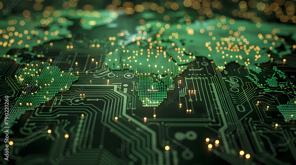 Poster the abstract cyber tech background is made of printed circuit board. depth of field effect semicondu