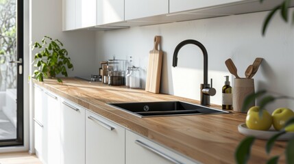 Modern Kitchen Interior with Wooden Counter