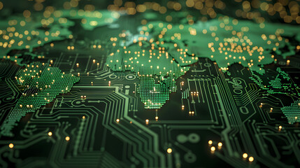 Obraz premium The abstract cyber tech background is made of printed circuit board. Depth of field effect semiconductor chips glowing bright green, 3d rendering