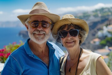 Smiling Senior Couple with Hats on Vacation