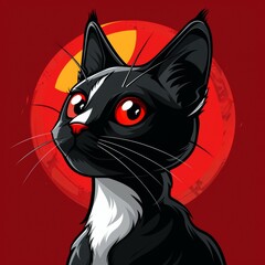 Anime Cat in Flat Vector Style on Red Background