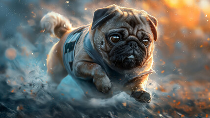 A pug dog is running through the water - obrazy, fototapety, plakaty