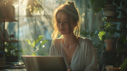 Serene Productivity: Businesswoman Deeply Engrossed in Laptop Work in Sunlit Office