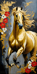 Home wall art, Abstract oil painting with gold, horse and flowers, knife painting, Vertical portrait orientation ready for print