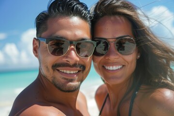 Happy Young Couple with Sunglasses at Beach