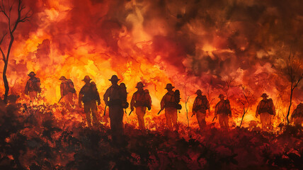 A group of firefighters are walking through a burning forest