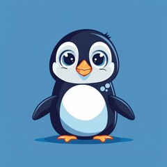 Flat Vector Logo of Cute Penguin Blue Background