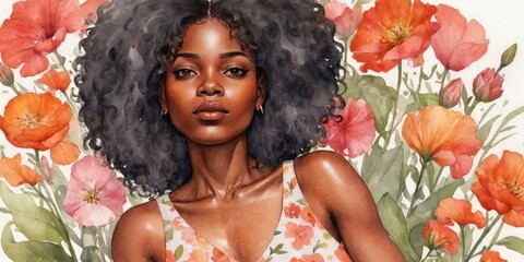 Watercolor Illustration of a African-American Woman On a Floral Background