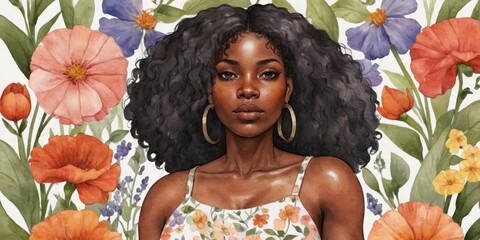 Watercolor Illustration of a African-American Woman On a Floral Background
