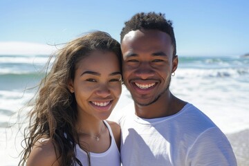 Happy Young African American Couple Smiling on Sunny Beach