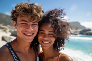 Happy Young Couple Smiling on Sunny Beach