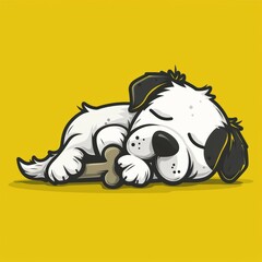 Flat Vector Logo of Sleeping Dog with Bone on Yellow Background